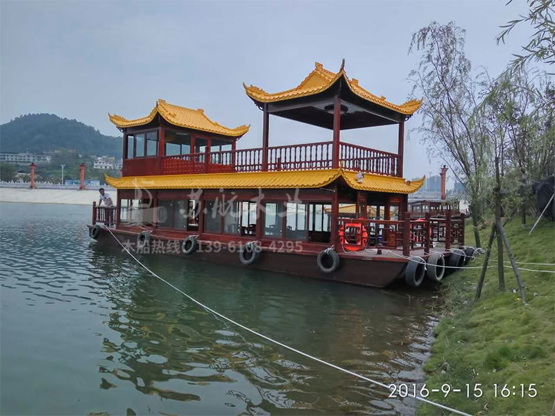 貴州黔東南都勻劍江號16米雙層餐飲木船 中式仿古畫舫船制造
